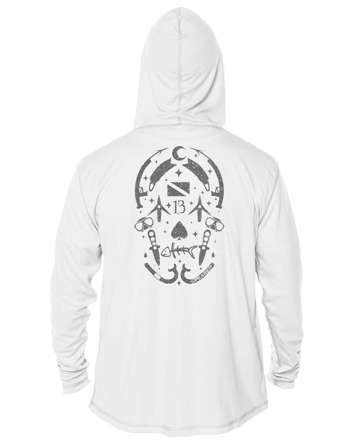 Gearhead Skull Spearfishing: UV UPF 50+ Sun Protection Hoodie Up: White - Back