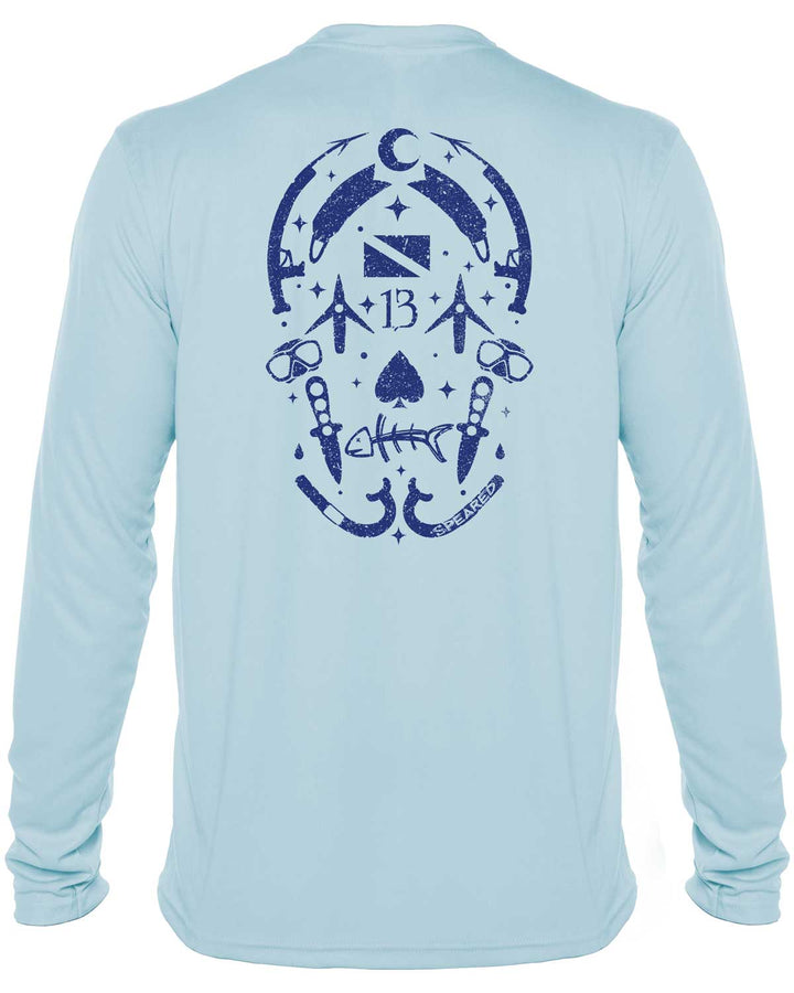 Gearhead Skull Spearfishing: UV UPF 50+ Sun Protection Shirt Down: Lt Blue - Back