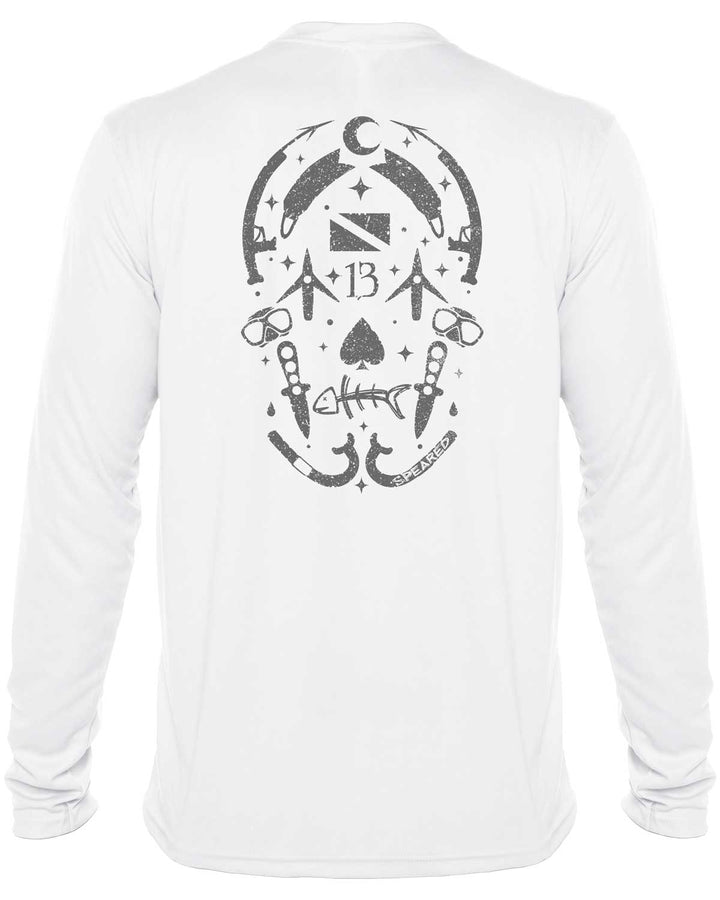 Gearhead Skull Spearfishing: UV UPF 50+ Sun Protection Shirt Down: White - Back