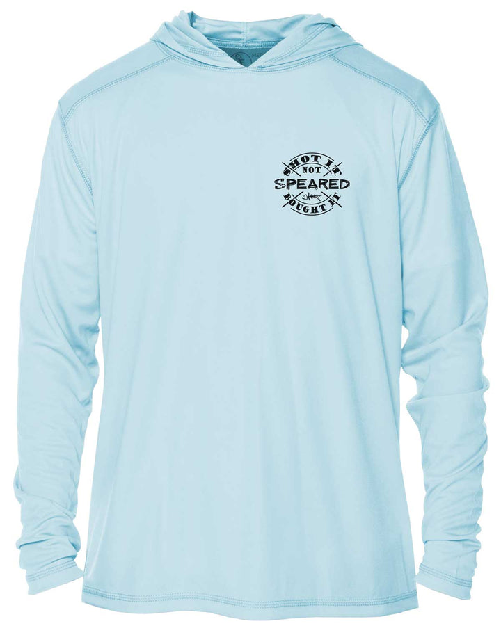 Hogfish: Shot It Not Bought It: UV UPF 50+ Sun Protection Hoodie: Lt. Blue - Front