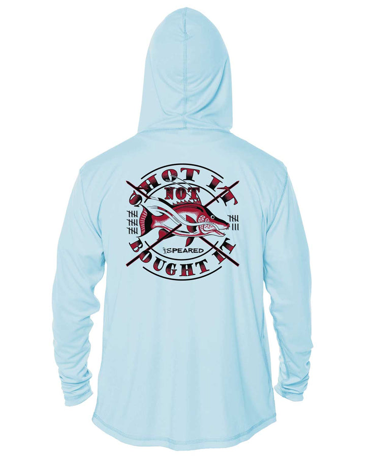 Hogfish: Shot It Not Bought It: UV UPF 50+ Sun Protection Hoodie Up: Lt Blue - Back