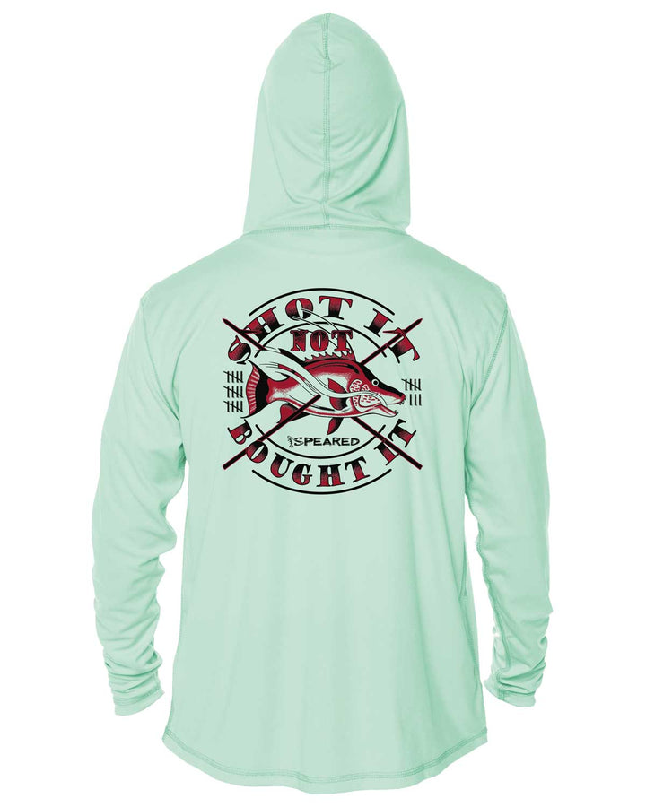Hogfish: Shot It Not Bought It: UV UPF 50+ Sun Protection Hoodie Up: Seagreen - Back