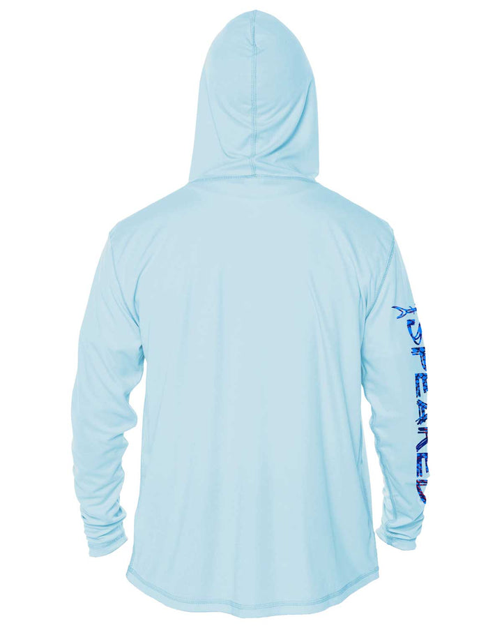 Hogfish Camo: UV UPF 50+ Sun Protection Hoodie Up: Lt Blue - Back