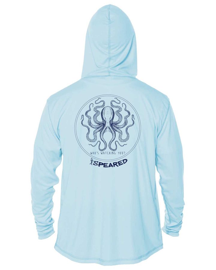 Kraken Spearfishing: UV UPF 50+ Sun Protection Hoodie Up: Lt Blue - Back