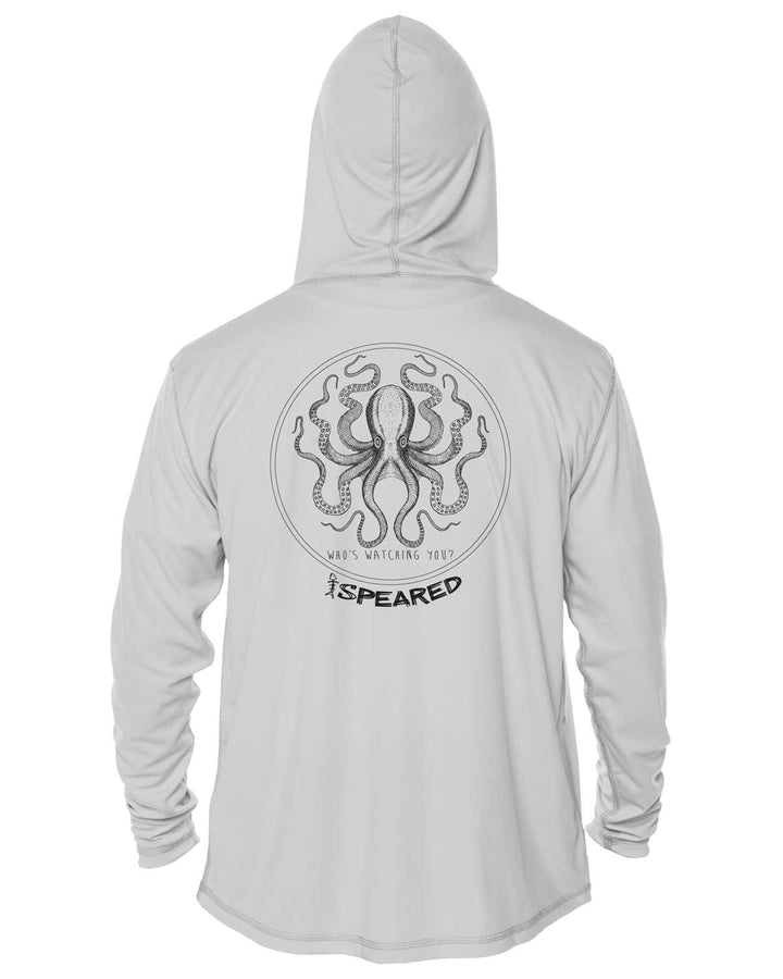Kraken Spearfishing: UV UPF 50+ Sun Protection Hoodie Up: Gray - Back