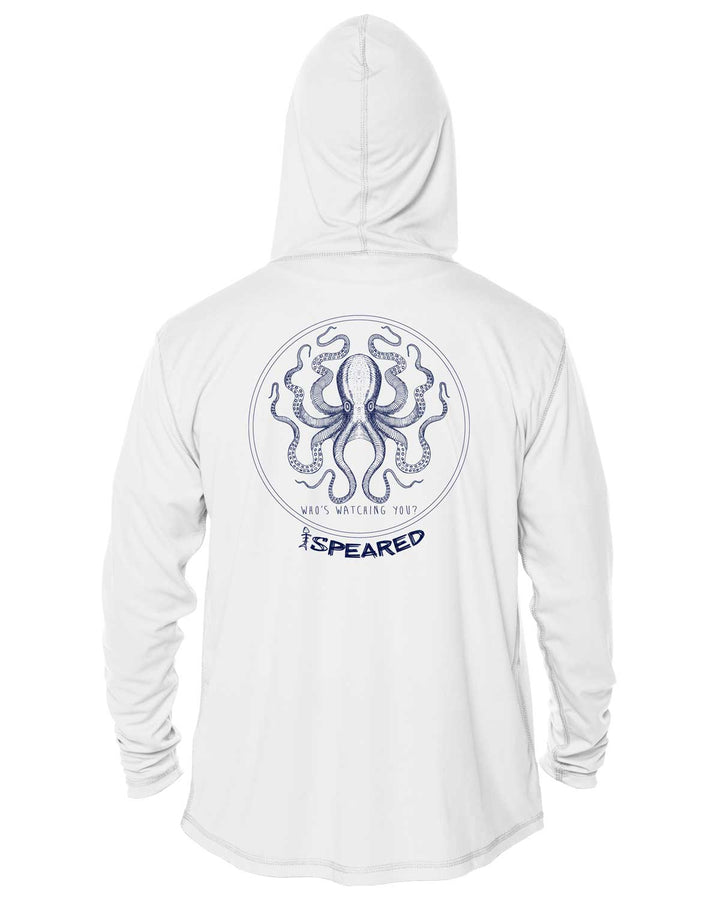 Kraken Spearfishing: UV UPF 50+ Sun Protection Hoodie Up: White - Back