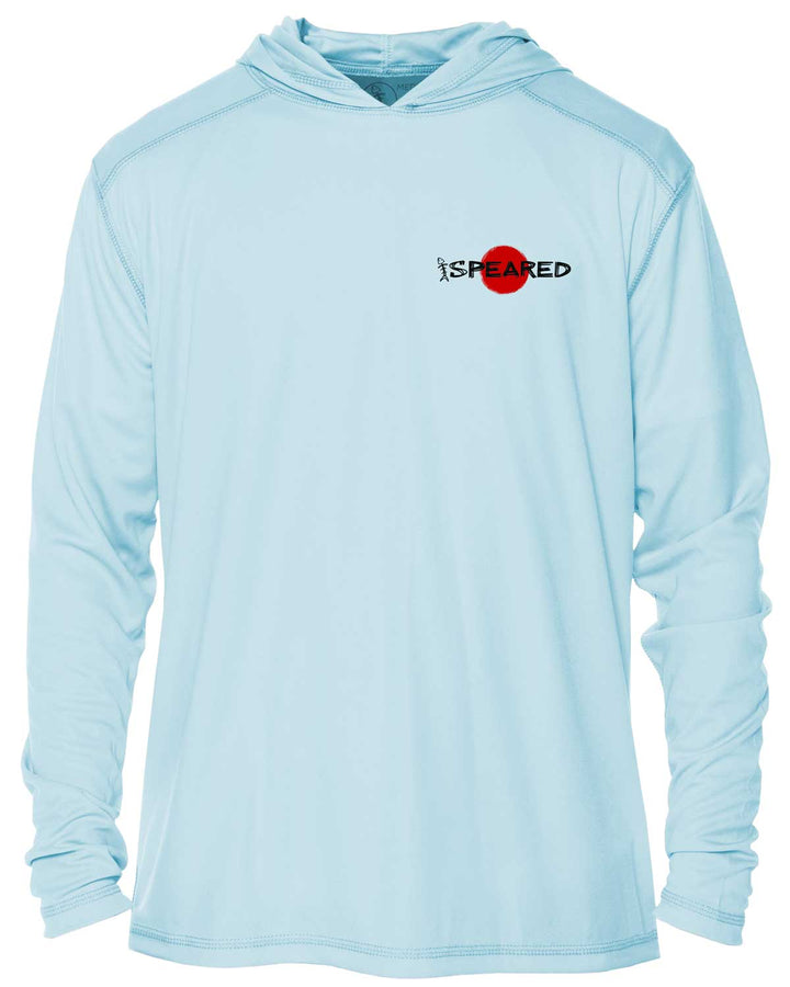 Red Decks Burnt Necks: Spearfishing: UV UPF 50+ Sun Protection Hoodie: Lt Blue - Front