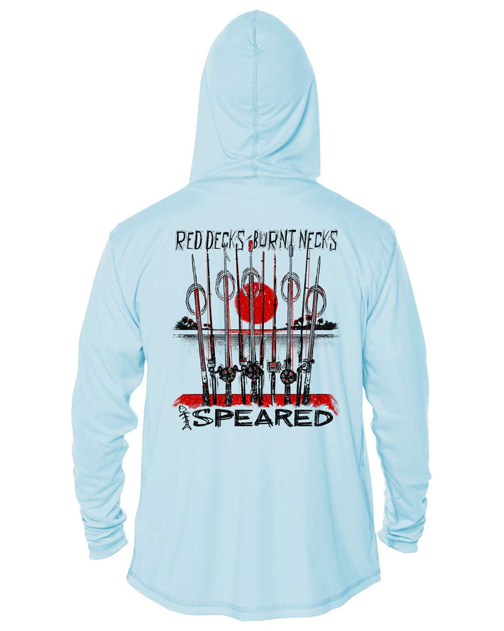 Red Decks Burnt Necks: Spearfishing: UV UPF 50+ Sun Protection Hoodie Up: Lt. Blue - Back