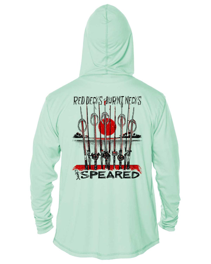 Red Decks Burnt Necks: Spearfishing: UV UPF 50+ Sun Protection Hoodie Up: Seagreen - Back