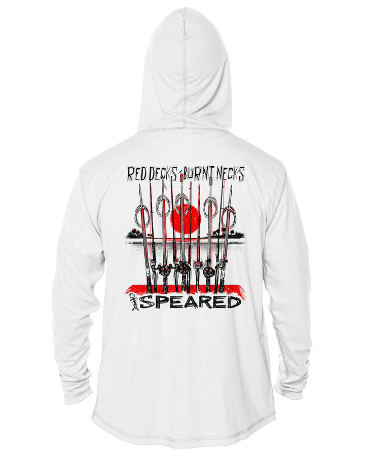 Red Decks Burnt Necks: Spearfishing: UV UPF 50+ Sun Protection Hoodie Up: White - Back