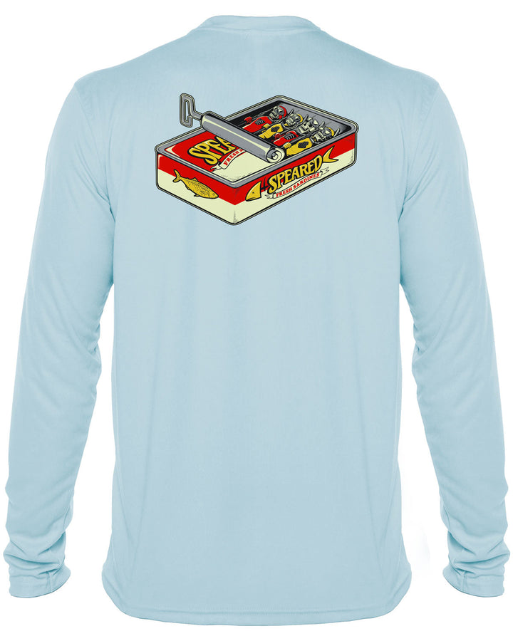 Sardine Spearos: UV UPF 50+ Sun Protection Rashguard Shirt: Lt Blue - Back