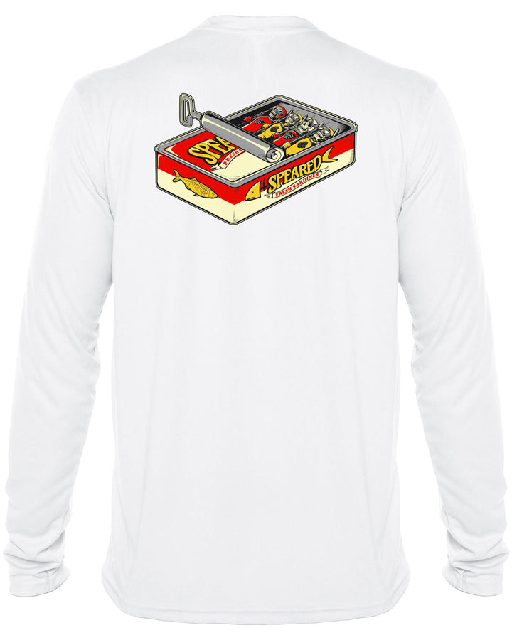 Sardine Spearos: UV UPF 50+ Sun Protection Rashguard Shirt: White - Back