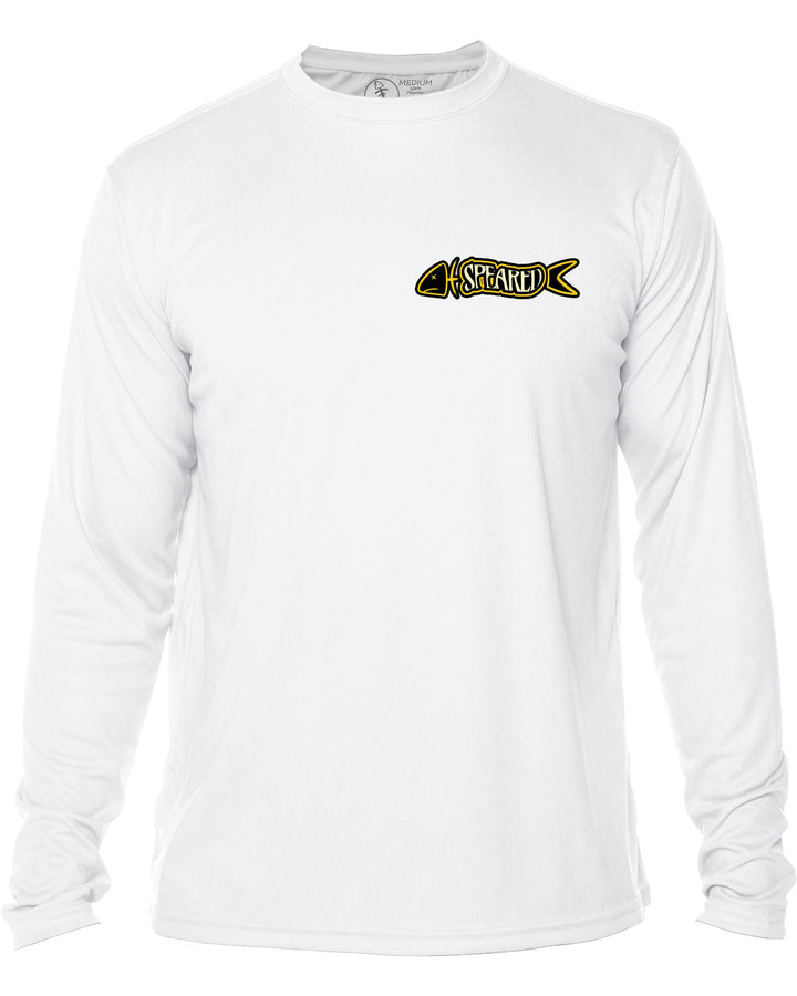 Sardine Spearos: UV UPF 50+ Sun Protection Rashguard Shirt: White - Front