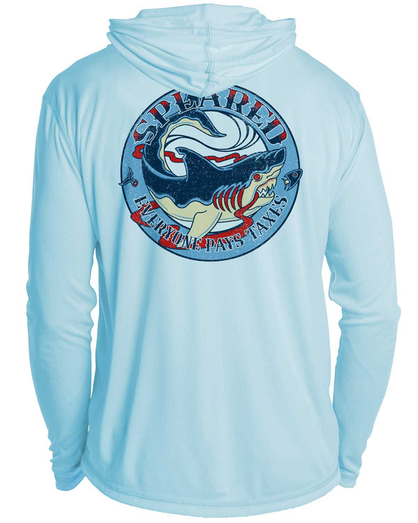 Everyone Pays Taxes Spearfishing: UV UPF 50+ Sun Protection Hoodie Down: Lt Blue - Back
