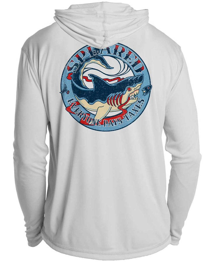 Everyone Pays Taxes Spearfishing: UV UPF 50+ Sun Protection Hoodie Down: Gray - Back