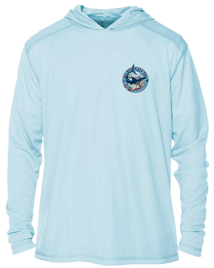 Everyone Pays Taxes Spearfishing: UV UPF 50+ Sun Protection Hoodie: Lt. Blue - Front