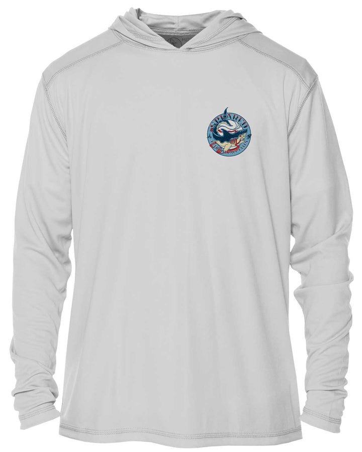 Everyone Pays Taxes Spearfishing: UV UPF 50+ Sun Protection Hoodie: Gray - Front