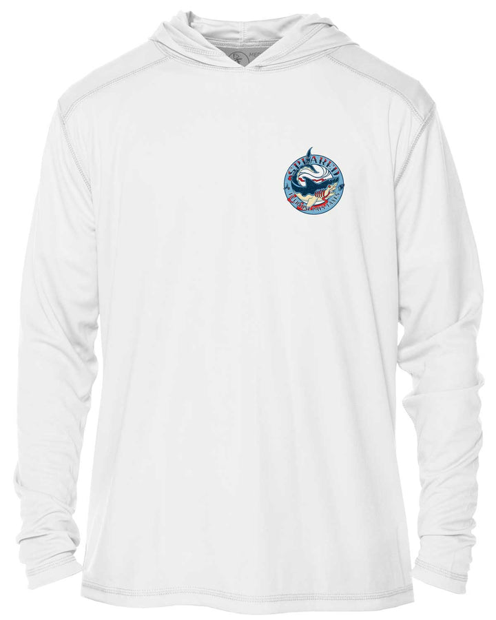 Everyone Pays Taxes Spearfishing: UV UPF 50+ Sun Protection Hoodie: White - Front