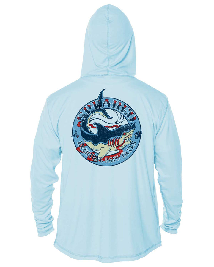 Everyone Pays Taxes Spearfishing: UV UPF 50+ Sun Protection Hoodie Up: Lt Blue - Back