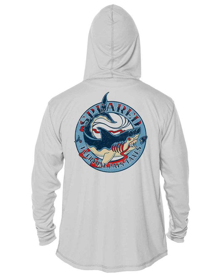 Everyone Pays Taxes Spearfishing: UV UPF 50+ Sun Protection Hoodie Up: Gray - Back