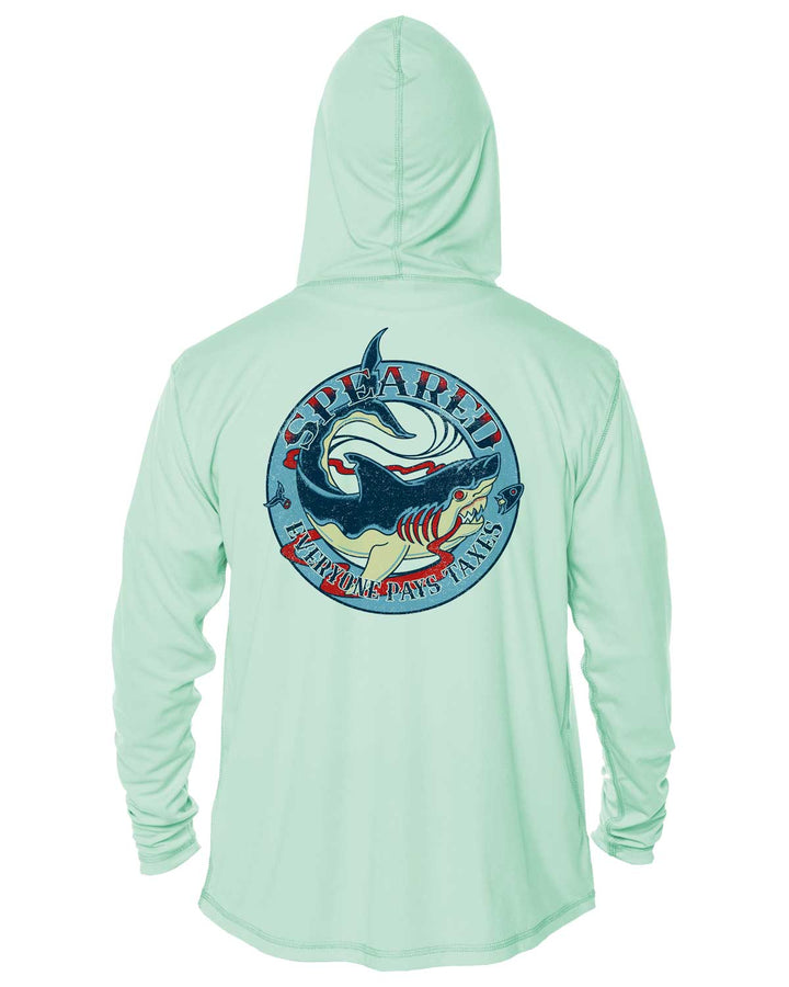 Everyone Pays Taxes Spearfishing: UV UPF 50+ Sun Protection Hoodie Up: Seagreen - Back
