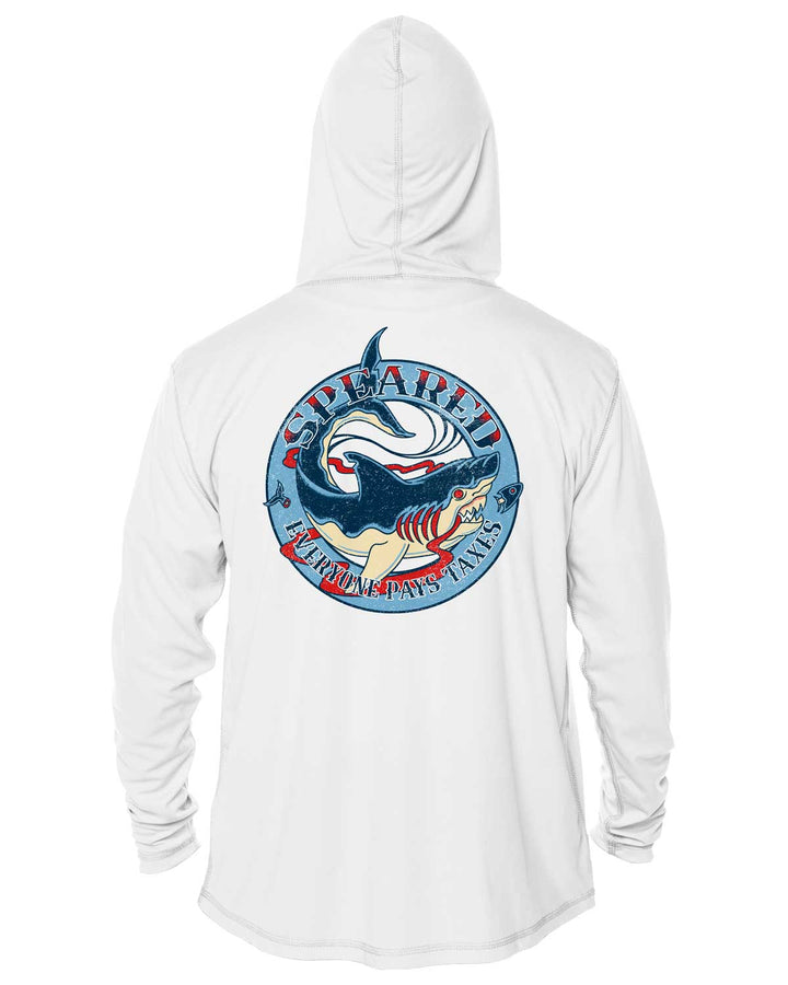 Everyone Pays Taxes Spearfishing: UV UPF 50+ Sun Protection Hoodie Up: White - Back