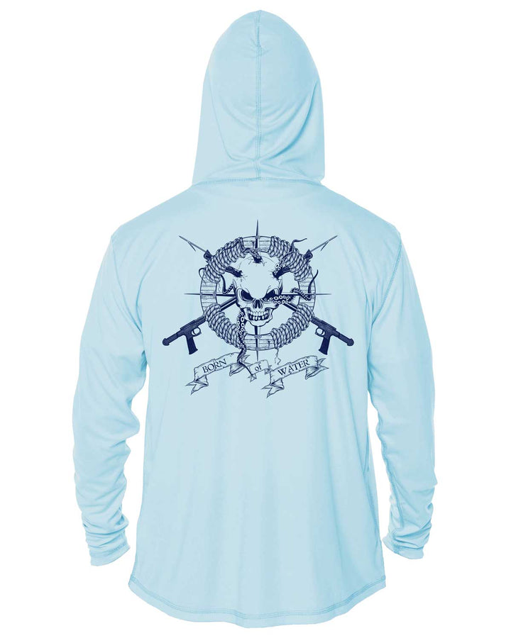 Skull & Spearguns: Spearfishing Shirt: Mens Long Sleeve UV UPF 50+ Protection Hoodie Up: Lt Blue - Back