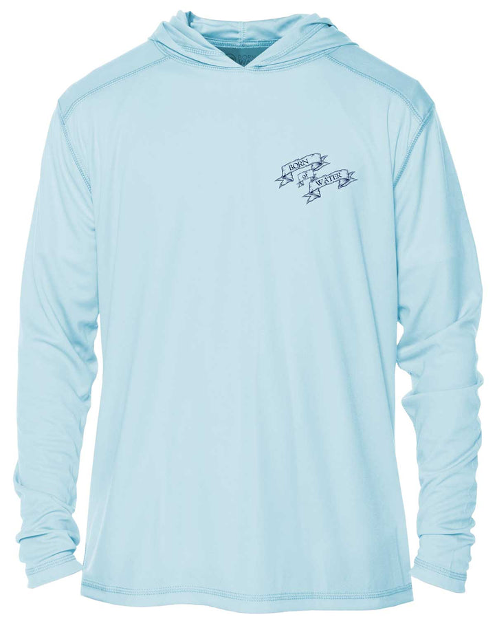 Skull & Spearguns: Spearfishing Shirt: Mens Long Sleeve UV UPF 50+ Protection Hoodie: Lt Blue - Front