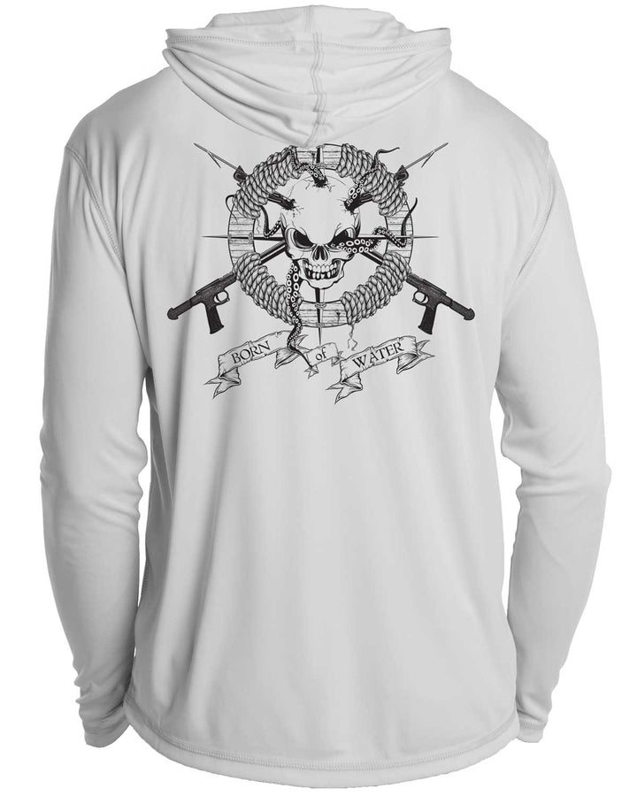 Skull & Spearguns: Spearfishing Shirt: Mens Long Sleeve UV UPF 50+ Protection Hoodie Down: Gray - Back