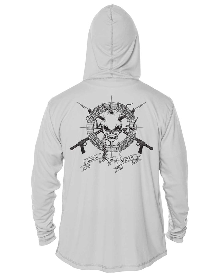 Skull & Spearguns: Spearfishing Shirt: Mens Long Sleeve UV UPF 50+ Protection Hoodie Up: Gray - Back