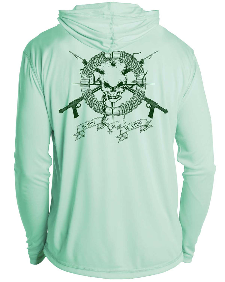 Skull & Spearguns: Spearfishing Shirt: Mens Long Sleeve UV UPF 50+ Protection Hoodie Down: Seagreen - Back