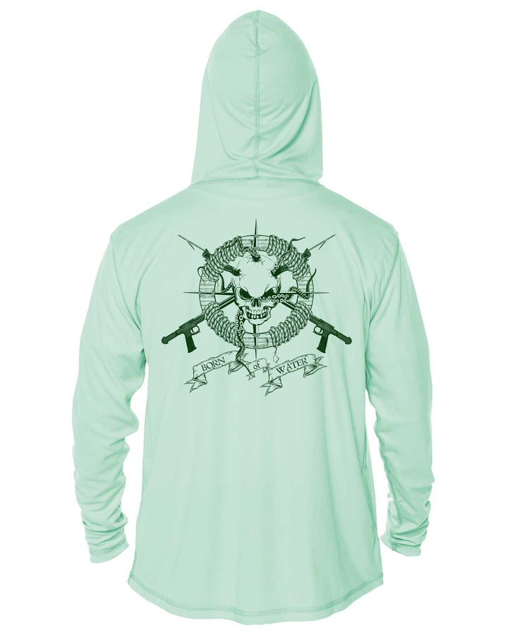 Skull & Spearguns: Spearfishing Shirt: Mens Long Sleeve UV UPF 50+ Protection Hoodie Up: Seagreen - Back