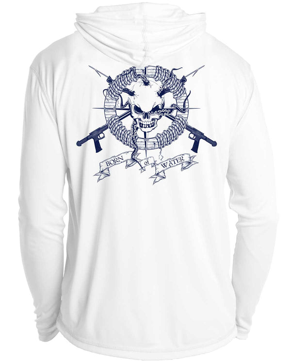 Skull & Spearguns: Spearfishing Shirt: Mens Long Sleeve UV UPF 50+ Protection Hoodie Down: White - Back