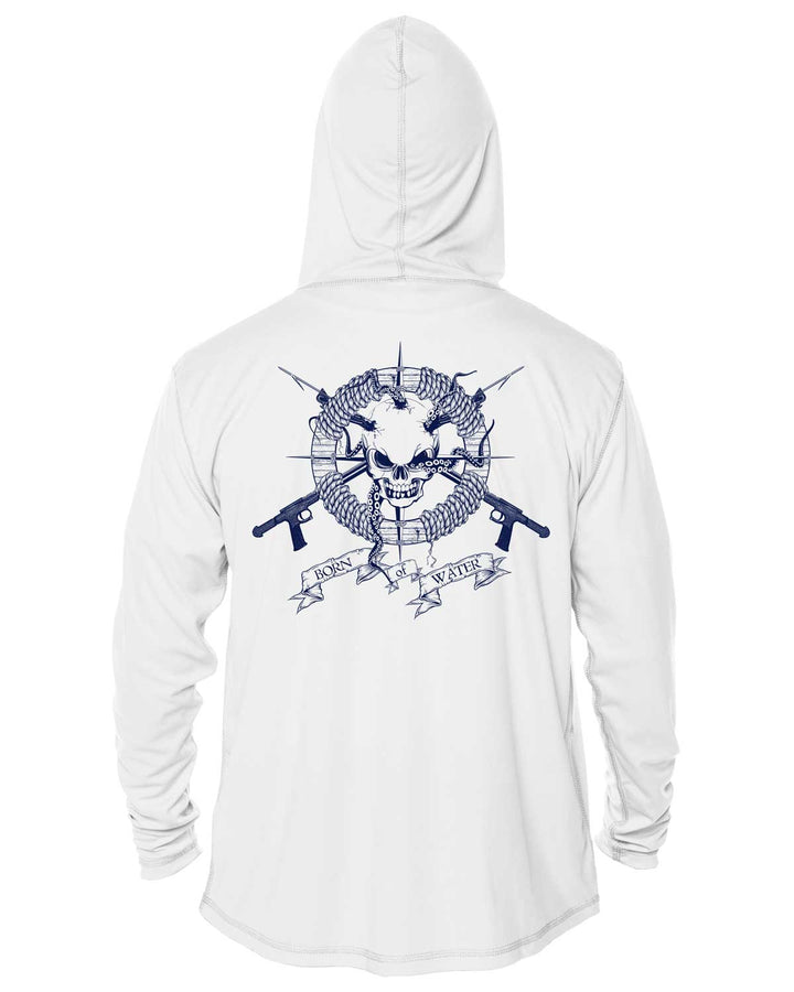Skull & Spearguns: Spearfishing Shirt: Mens Long Sleeve UV UPF 50+ Protection Hoodie Up: White - Back