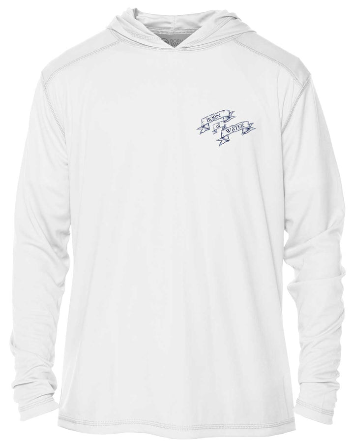 Skull & Spearguns: Spearfishing Shirt: Mens Long Sleeve UV UPF 50+ Protection Hoodie:  White - Front
