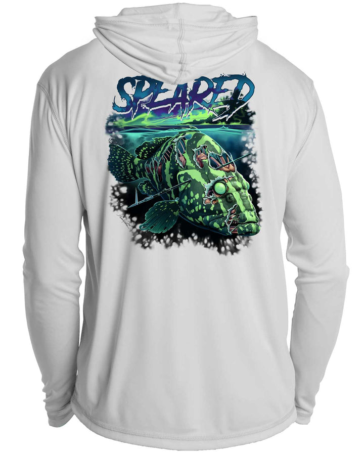 Zombie Grouper Spearfishing: UV UPF 50+ Sun Protection Hoodie Down: Gray - Back