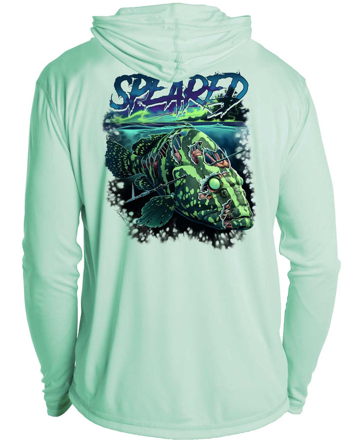 Zombie Grouper Spearfishing: UV UPF 50+ Sun Protection Hoodie Down: Seagreen - Back