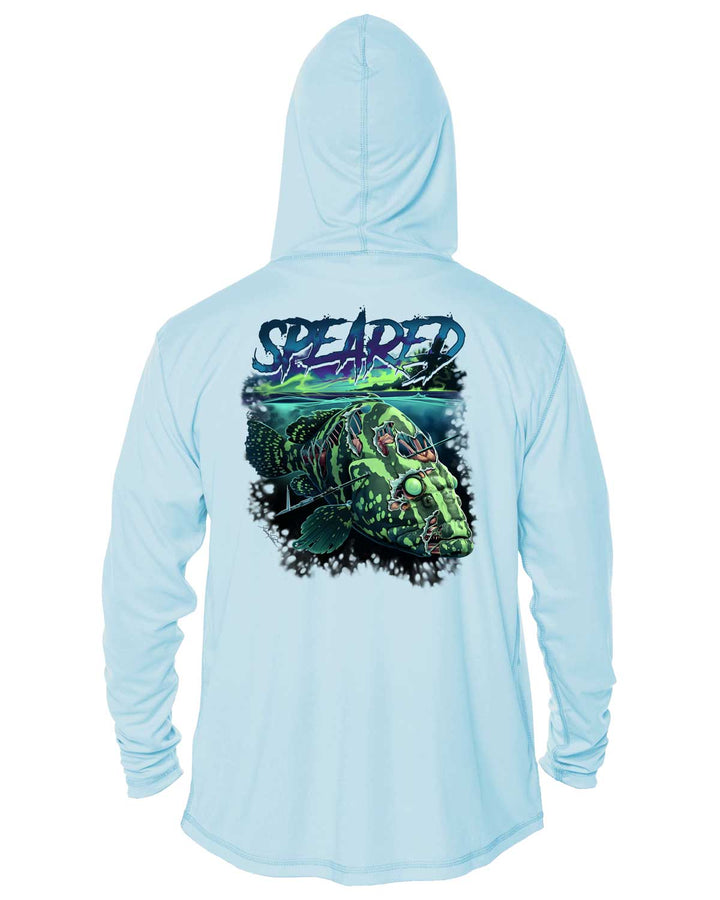 Zombie Grouper Spearfishing: UV UPF 50+ Sun Protection Hoodie Up: Lt. Blue - Back