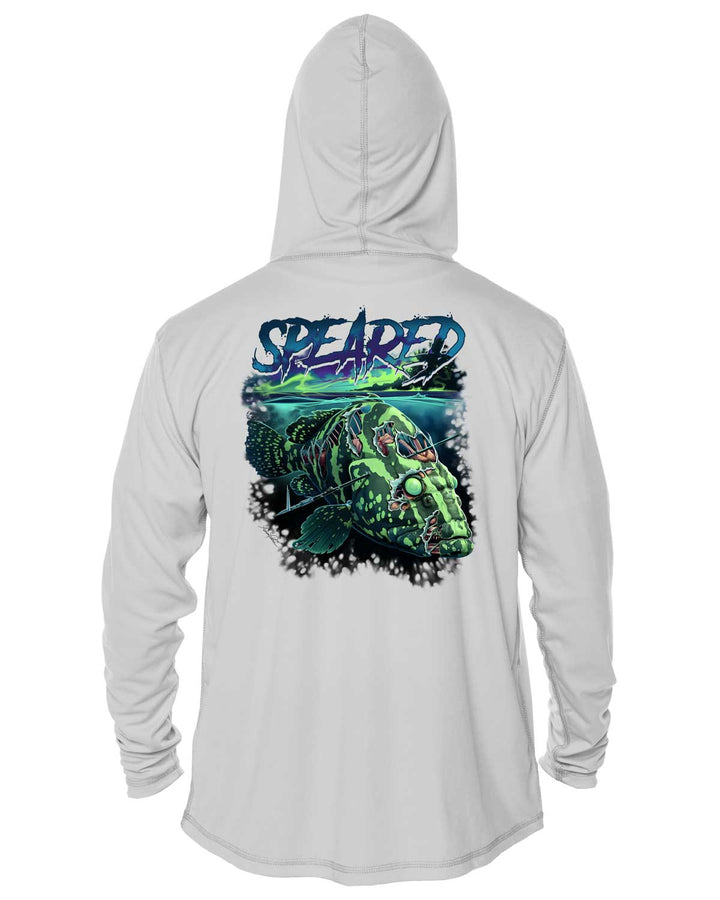 Zombie Grouper Spearfishing: UV UPF 50+ Sun Protection Hoodie Up: Gray - Back