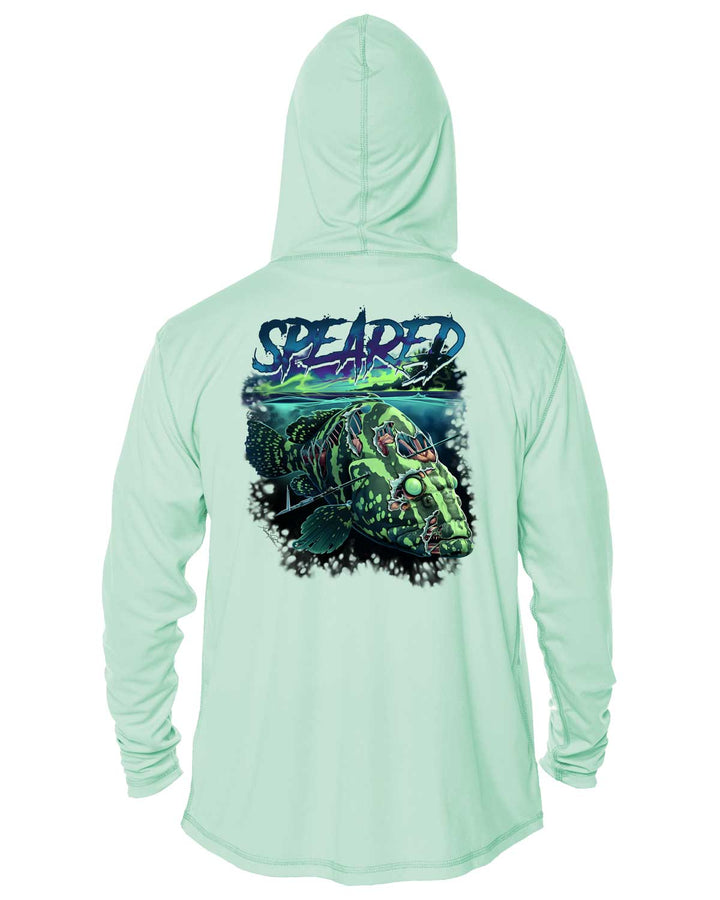 Zombie Grouper Spearfishing: UV UPF 50+ Sun Protection Hoodie Up: Seagreen - Back