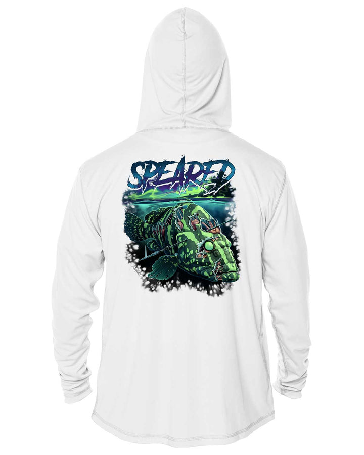 Zombie Grouper Spearfishing: UV UPF 50+ Sun Protection Hoodie Up: White - Back